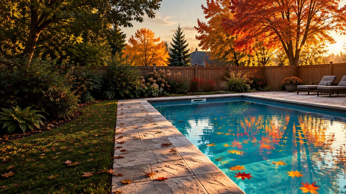 Piscine creusée entourée d'érables aux couleurs d'automne, avec des feuilles flottant sur l'eau